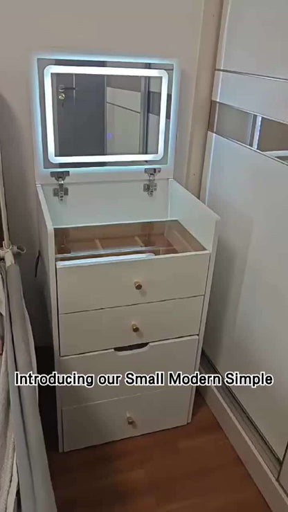 שידת איפור קטנה, מודרנית ופשוטה לדירה או להשקעה – עם מכסה מתהפך ואחסון מובנה, מתאימה גם כשידת צד לסלון